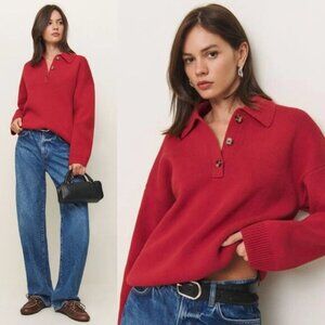 Reformation Brooklyn Sweater Sundried Tomato Red Cotton Polo Henley Size L‎ NWT